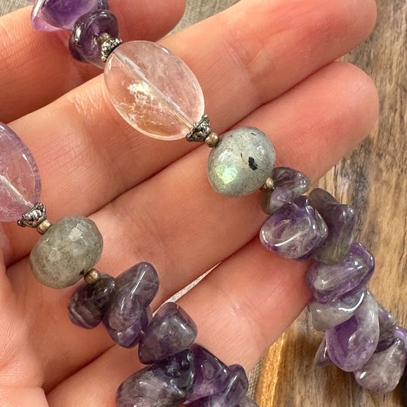 Amethyst Labradorite Beaded Sterling Silver Necklace 19" Toggle Clasp Purple VTG - Picture 10 of 16